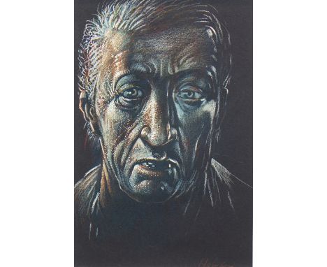 * PETER HOWSON OBE,THE WISE DOSSERpastel on black paper, signed 20cm x 13cm Mounted, framed and under glassProvenance: From a