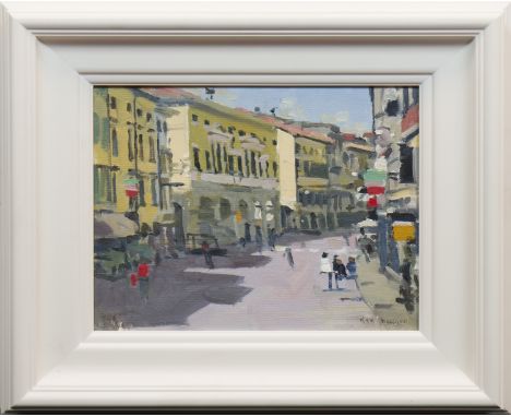 * KEN HOWARD OBE RA (BRITISH b 1932 - ),CONTINENTAL STREET SCENEoil on canvas board, signed24.5cm x 29cmFramed.Note: Ken Howa