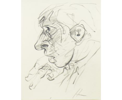 * PETER HOWSON OBE,MALE SIDE PROFILE WITH GESTURING HANDpencil on paper, signed 19cm x 15cm Framed and under glassProvenance: