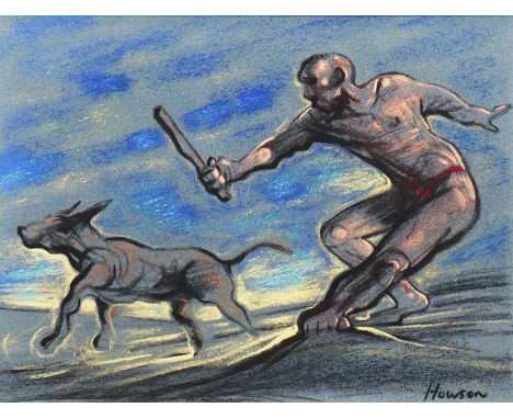 * PETER HOWSON OBE,MAN AND DOGpastel on paper, signed 22cm x 29cmMounted, framed and under glassProvenance: From a Glasgow ge