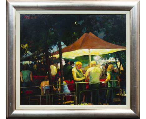 * JOE MCINTYRE,FIGURES IN THE EVENING, THE ROCKS CAFE BAR, SYDNEYoil on canvas panel, signed; titled inscribed on handwritten