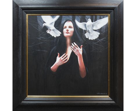 * GERARD BURNS,BLACK CLOAK AND DOVES oil on canvas, signed 61cm x 61cmFramedProvenance: From a Glasgow gentleman's private co