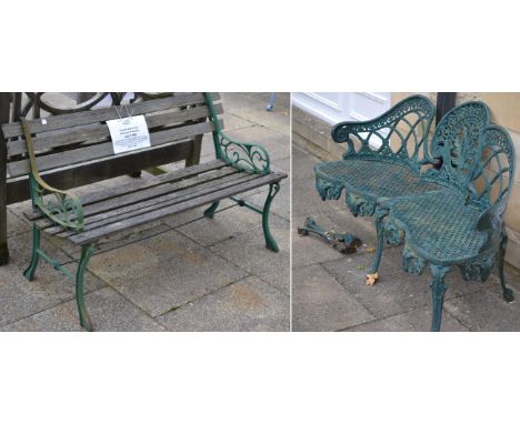 An Aluminium Green Painted Garden Bench, with eight wooden slats, 122cm wide; and A Green Painted Cast Metal Loving Seat, wit