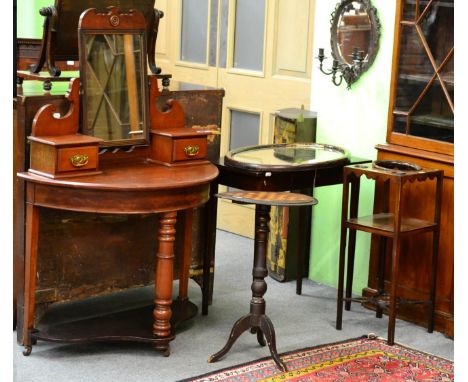 ^ A George III Mahogany Side Table, fitted with a small frieze drawer, raised on square tapering legs, 75cm wide; An Edwardia