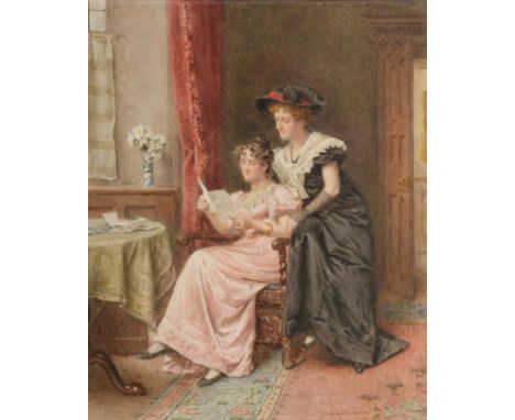 George Goodwin Kilburne RI, RBA (1839-1924)  Elegant ladies reading a manuscript in an interior Signed, watercolour, 31.5cm b
