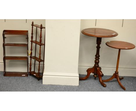 ^ A 19th Century Mahogany Circular Tripod Table, 39cm diameter; A Mahogany Four Tier Hanging Wall Rack of graduated form, 67c