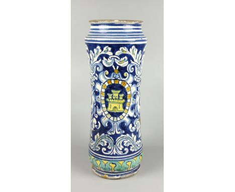 Apothekergefäß / Albarello, Majolika, Italien, 18.Jh., polychrom bemalt, schauseitig Türme in Medaillon, H.32cm, Alters- und 