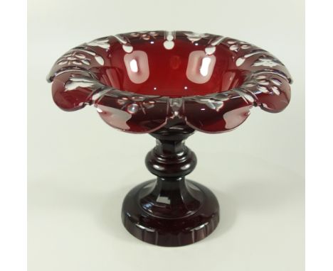Aufsatzschale, rubiniert, Böhmen, um 1890, H.15cm, D.19cm, Hohlglasstand, facettierter Schaft mit Nodus, Schale mit herunterg