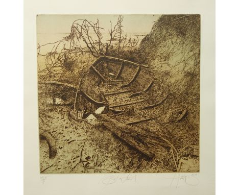 Walter Herzog (*1936, Dresden), "Boot am Strand", um 1985, Radierung auf Farblithografie/Bütten, unten rechts signiert und da