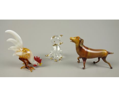 3 Tiere, u.a. Lauscha, vor der Lampe geblasen, plastische Ausführung: Hund, Lauscha, um 1920, Schwanz beschädigt, H*L ca.6*8,