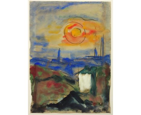 attr. Friedrich Einhoff (1901, Baven - 1988, Soltau), "Sonne über den Dächern", Mischtechnik/Papier, unsigniert, Blattmaß H*B