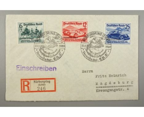 Deutsches Reich, R-Satzbrief, Nürburgring-Rennen 1939, mit Poststempel, 695-697German Reich, R-Satz letter, Nürburgring race 