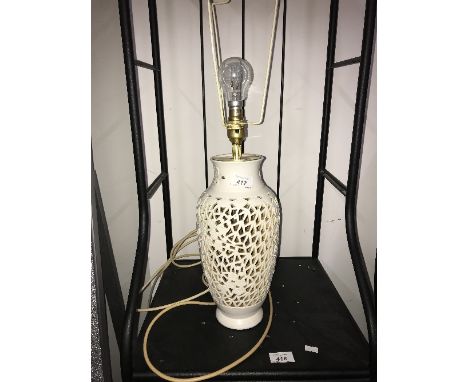 RETICULATED POTTERY CHINESE TABLE LAMP AND SHADE