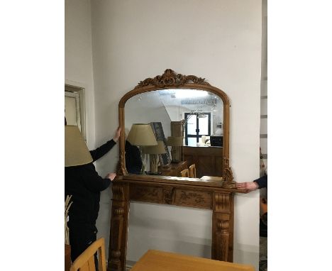 GOOD CARVED PINE FIRE SURROUND AND OVERMANTLE MIRROR