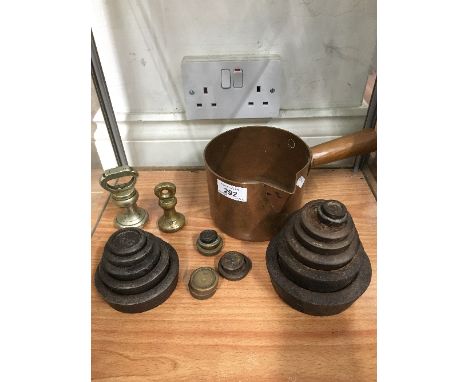 LEON JAEGGI AND SONS COPPER PAN AND VARIOUS WEIGHTS FOR SCALES GOOD LOT
