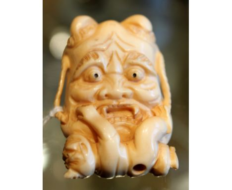 Antique Japanese carved elephant ivory Gigaku mask netsuke, signed