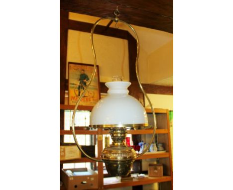 Brass hanging paraffin lamp with shade