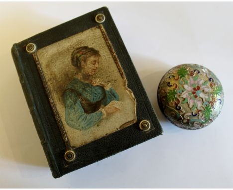 French Necessaire book with clock key contents and two stacking Cloisonne trinket boxes