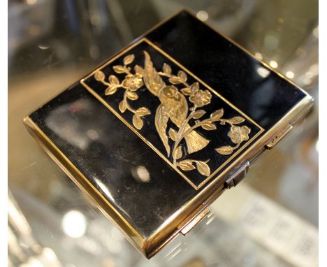 French enamelled powder compact, black enamel and gold plated bird and foliage design, L ~ 9cm