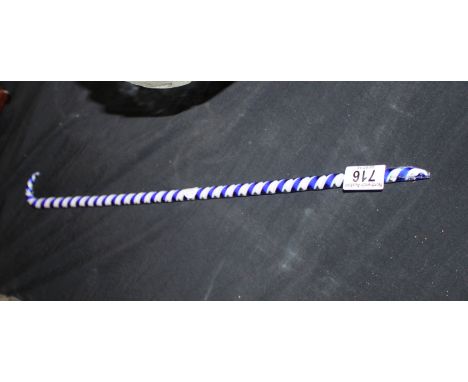 Glass end of day walking stick with spiral blue and white inner canes