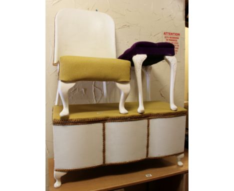 Modern painted, upholstered top blanket box, chair and stool