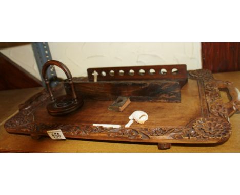Wooden tray with pipe rack, pipe, vesta etc