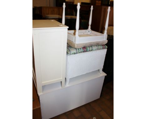Two blanket chests, stool and linen basket