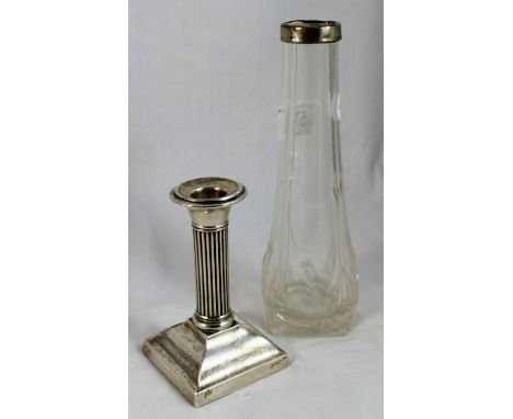 Silver corinthian column candlestick and a silver banded vase