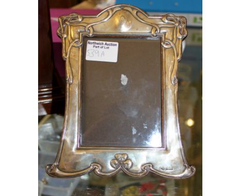 Art Nouveau hallmarked silver photograph frame with oak easel back, H ~ 22cm