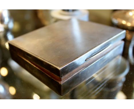 Silver engine turned cigarette/business card box with cedar lining, Birmingham 1961, 10 x 8.5cm, 245g