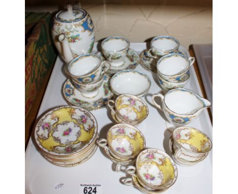 Tray of mixed ceramic teasets including Foleyware in Broadway design and yellow and gilt Continental cups and saucers