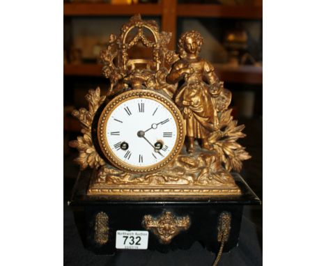 Japy Freres mantel clock with gilded figural detail, chimes on bell, No 5404, working at lotting up, H ~ 28cm