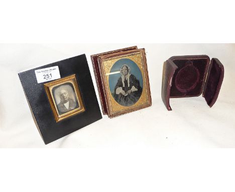 A 19th c. Daguerro type portrait of an elderly gentleman in ebonied frame and a 19th c. coloured tin type portrait of a woman