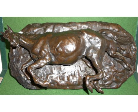 A 20th c. bronze sculpture of a foaling horse, 32cm wide