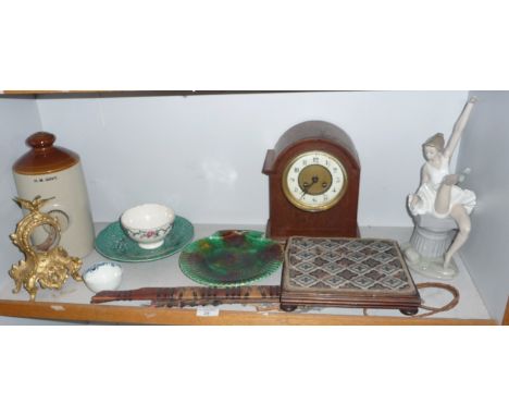 Miscellaneous items including clock, stone hot water bottle and a Victorian beadwork stand etc