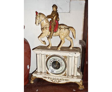 Victorian painted spelter cased mantle barometer surmounted by a knight on horseback