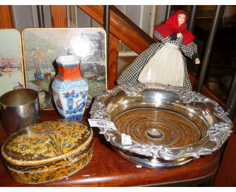 Small Chinese vase 4 character marks, a Sheffield plated wine bottle coaster, a small porcelain headed doll and two other ite