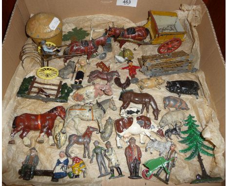 Britains Tumbrel cart and drover, Hillco rake with driver, haystack, fences, stile, old couple on bench, man with wheelbarrow