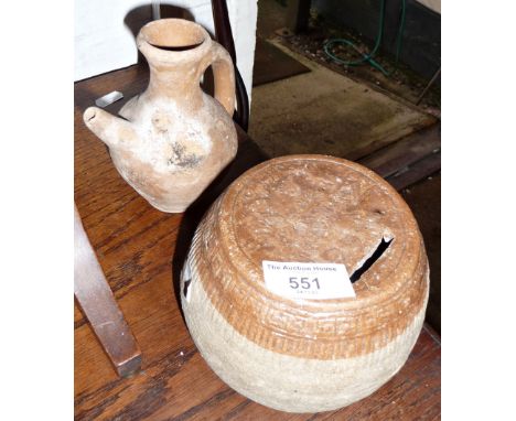Chinese pottery money box and early small European terracotta pitcher