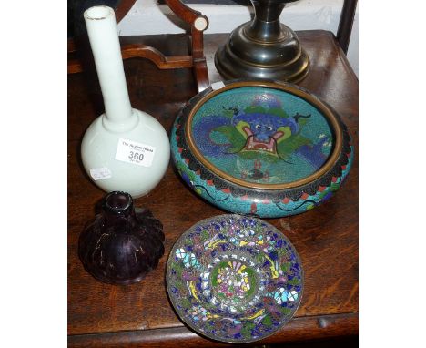 Chinese Peking glass bottle vase, a Cloisonné bowl, an enamel dish and an early burgundy coloured glass bottle