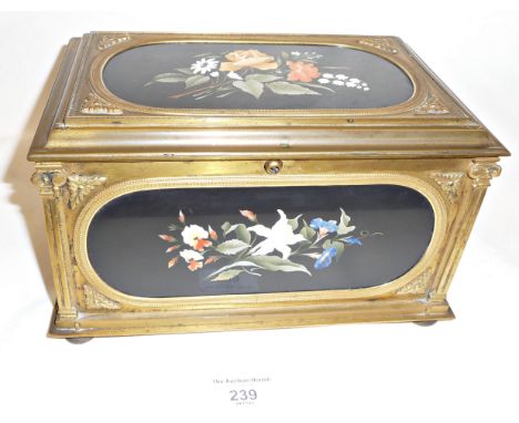 19th c. Italian pietra Dura and gilt bronze casket. Panels inlaid with floral sprays on a black background, 14cm high x 24cm 