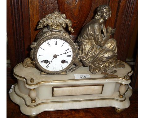 French mantle clock on marble base, surmounted by ormolu figure of a classical lady with lyre