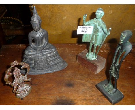 Roman bronze figurine, a bronze buddha, an African stylised figure of a man and a small Indian bronze figure of buddha juggli