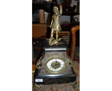 French ormolu mounted and shaped marble mantle clock having brass and enamel dial surmounted by classical figures (A/F)
