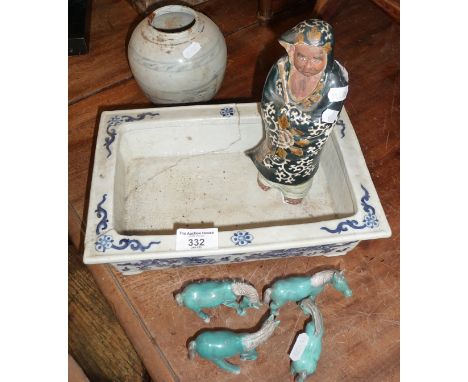 18th c. Chinese blue and white rectangular planter (crack), a ginger jar, a figure of a man and four small horse figurines