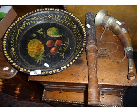 Eastern European painted wood dish, a hunting horn and an 18th c. wood and iron torch holder