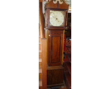 19th c. oak cased 30 hour long case clock with painted 12" dial, 73" tall and swan necked pediment