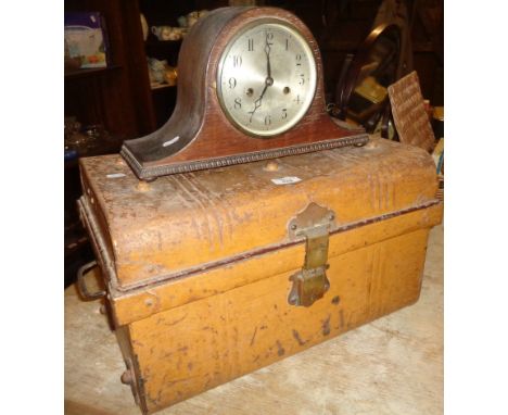 A Napolean hat clock and Victorian grained tin trunk