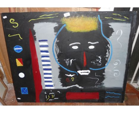 Abstract oil on hardboard with a portrait of a native and geometric shapes, artist unknown