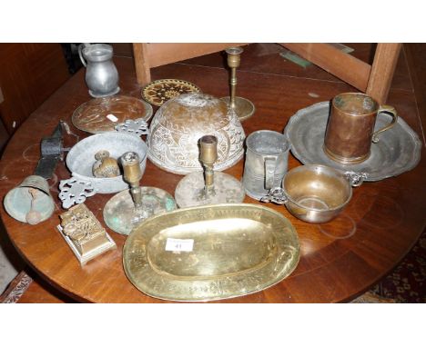 18th &amp; 19th c. metalware including pewter quaich, armorial brass tray, tankards, Sheffield plate quaich, copper plaques a